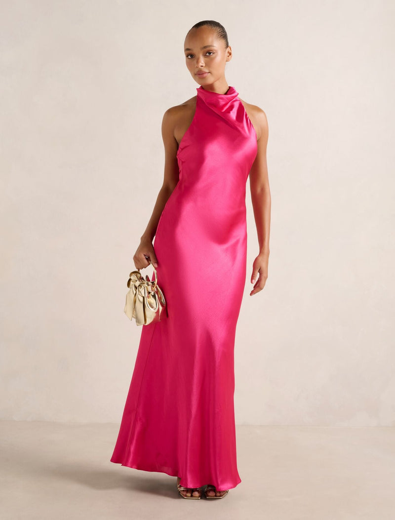 Clementine High Neck Satin Maxi Dress Hot Pink Forever New
