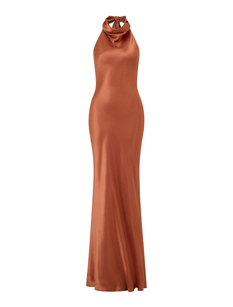 high neck satin dress Clementine High Neck Satin Maxi Dress Rust