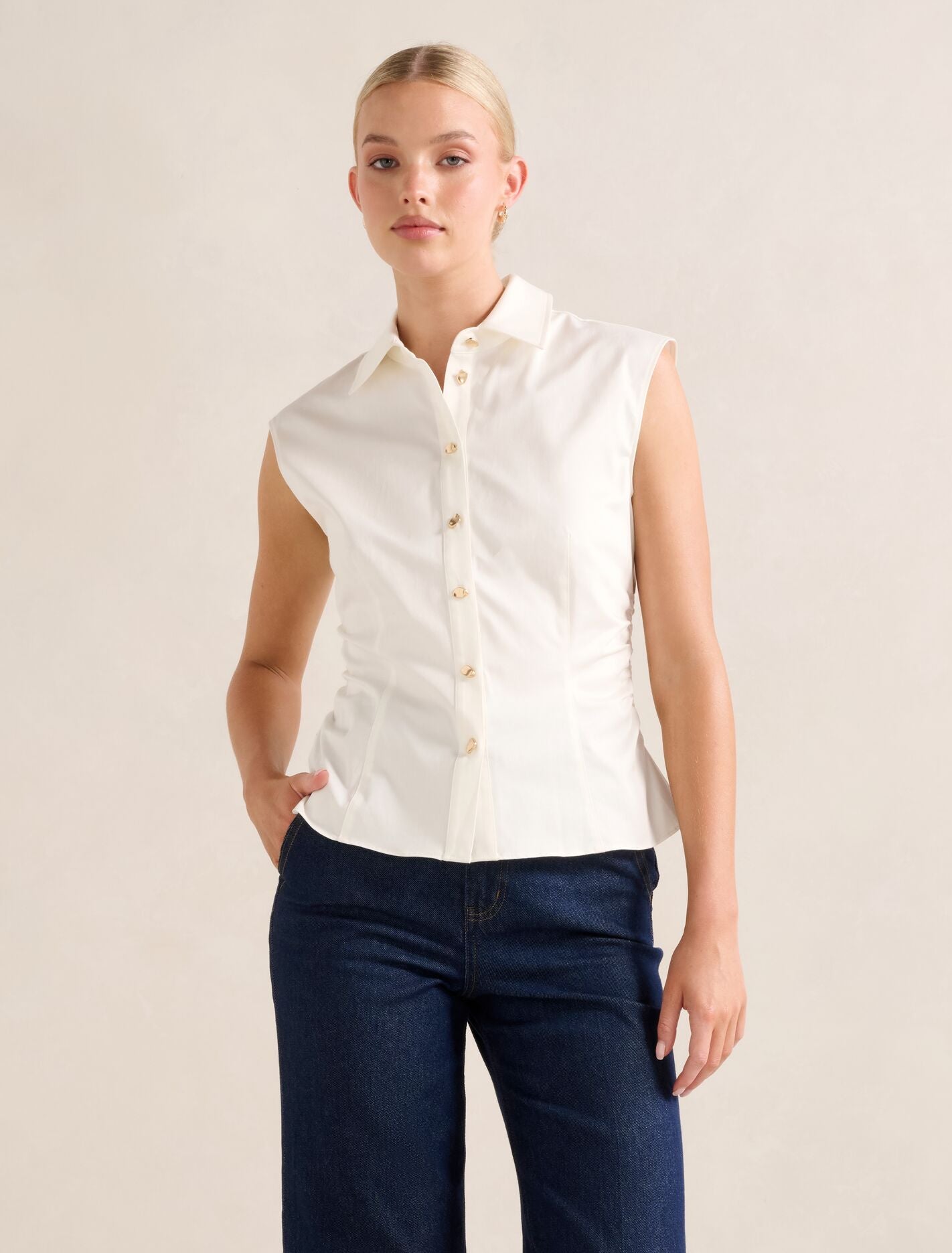 Nova Ruched Collared Top Porcelain | Forever New