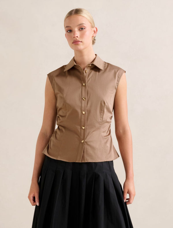 Nova Ruched Collared Top Brown Lentil Forever New