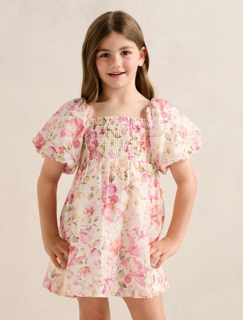 Juliana Girls Puff Sleeve Dress Coral Macy Floral Forever New