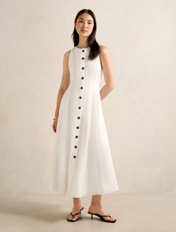 Pia Button Front Linen Midi Dress Porcelain Forever New