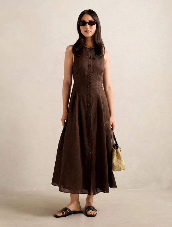Pia Button Front Linen Midi Dress Chocolate Forever New