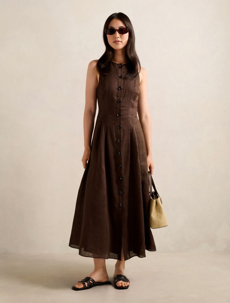 Pia Button Front Linen Midi Dress Chocolate Forever New