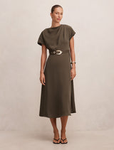 Kylee Button Neck Dress Olive Forever New