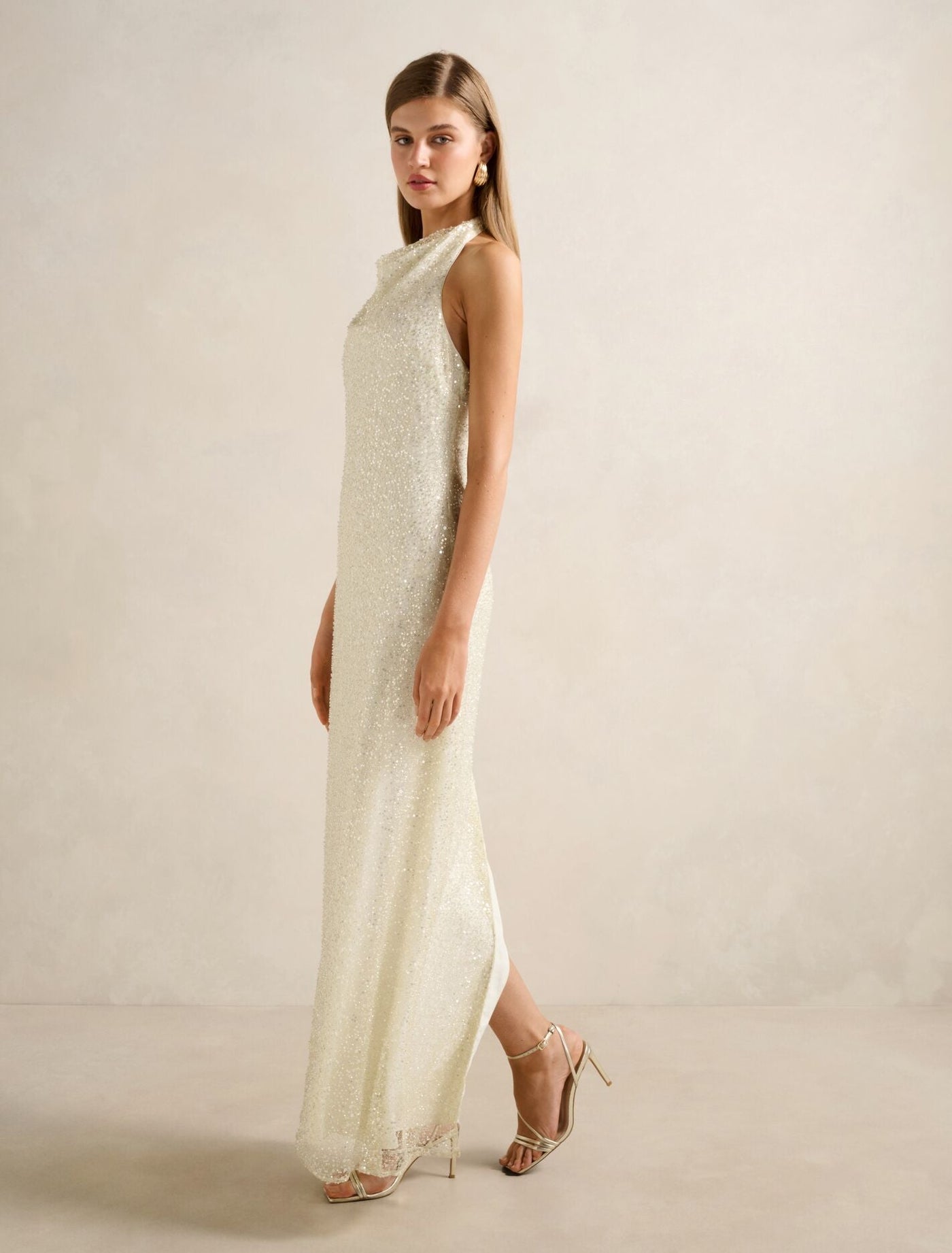 Miranda Sequin Halter Maxi Dress Champagne