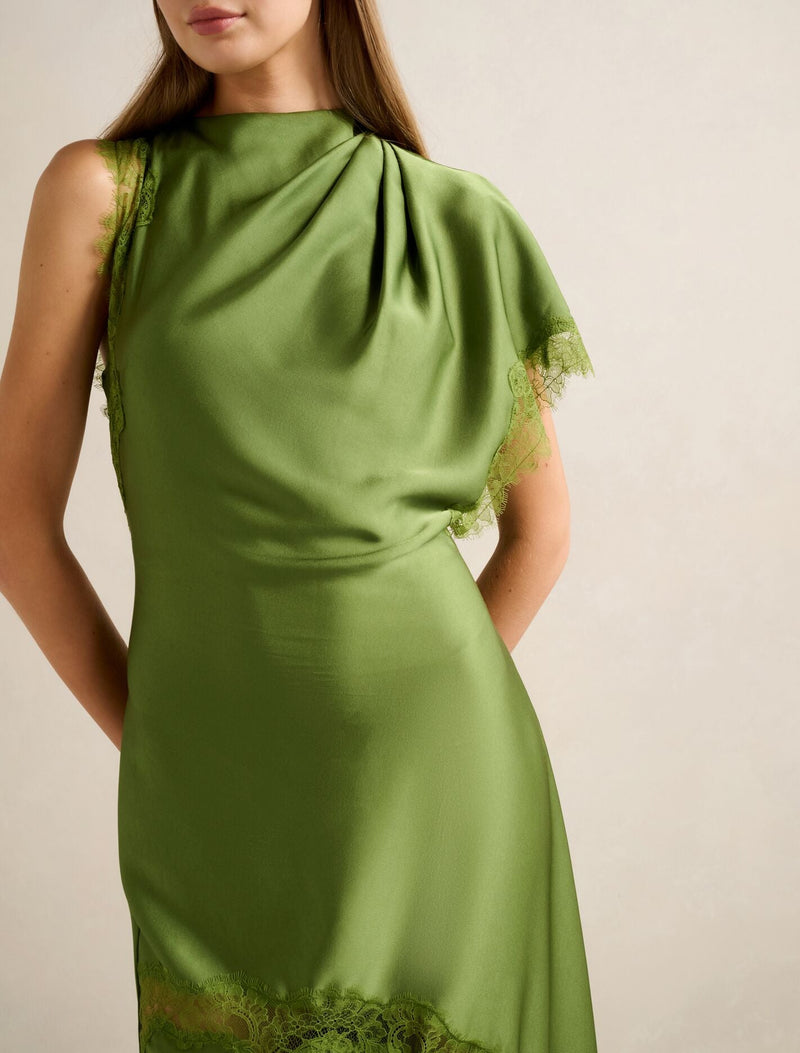 slim fit dress slacks Kody Satin Lace Asym Dress Olive Green