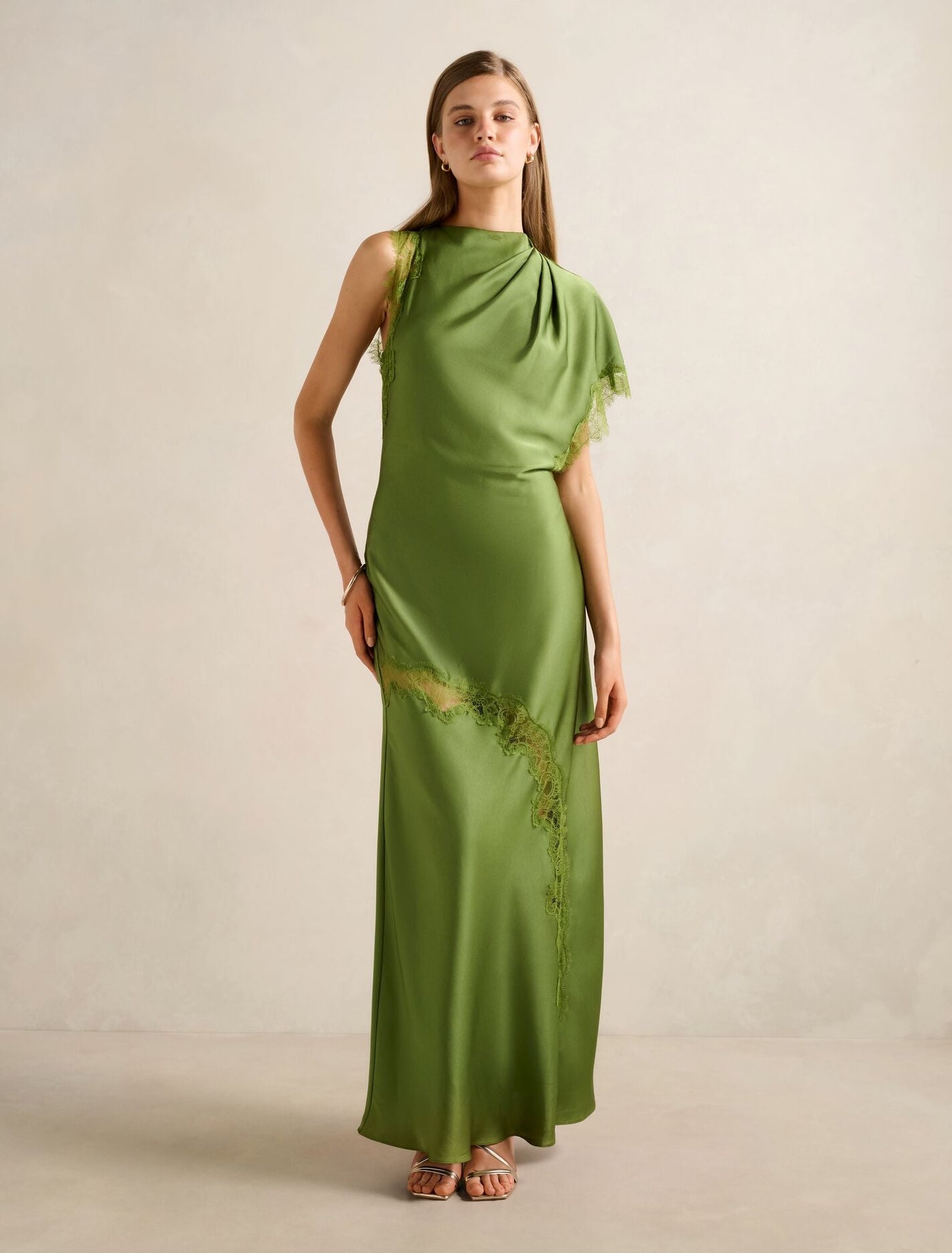 Kody Satin Lace Asym Dress Olive Green