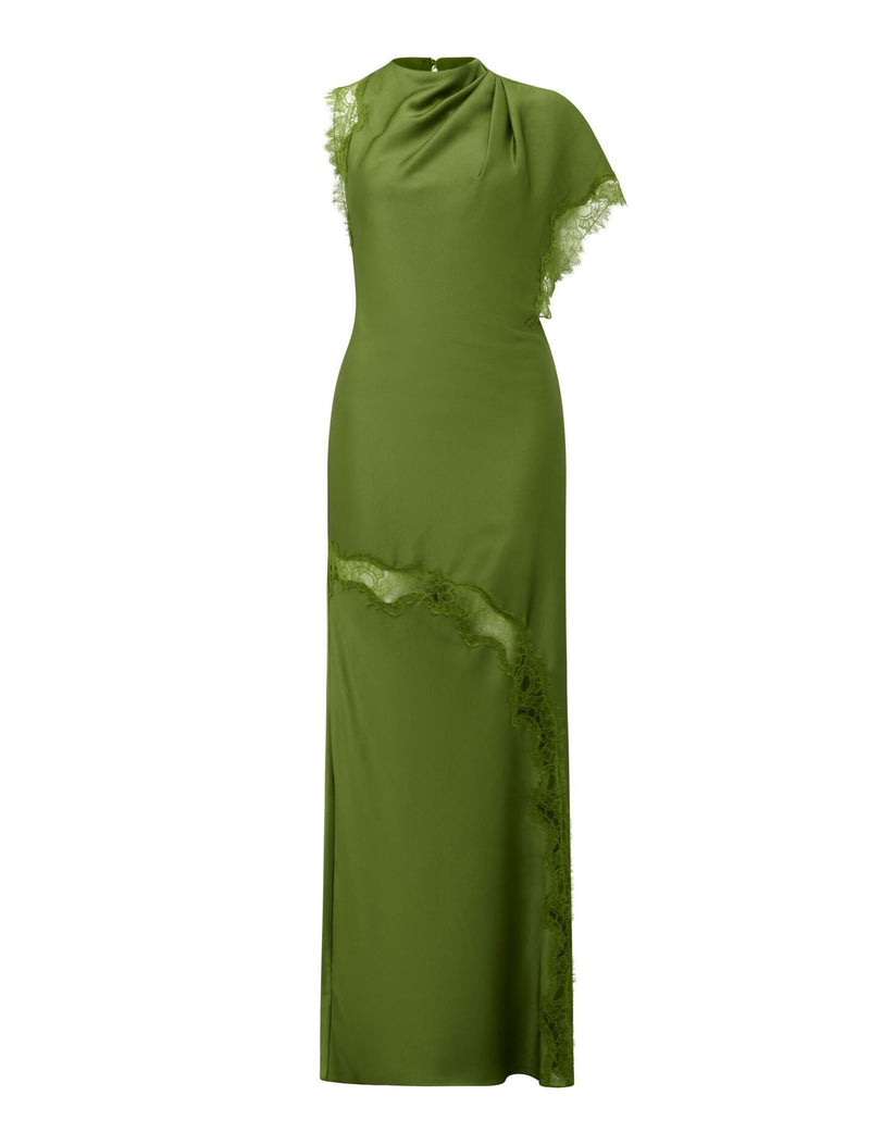 Kody Satin Lace Asym Dress Olive Green | Forever New Kody Satin Lace Asym Dress Olive Green | Forever New