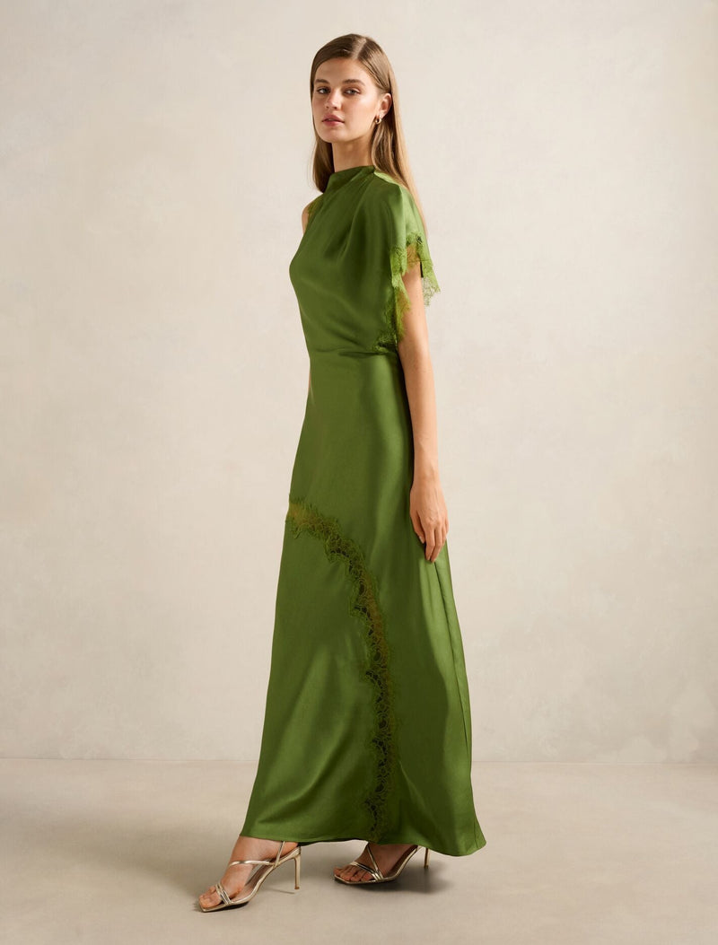 Kody Satin Lace Asym Dress Olive Green