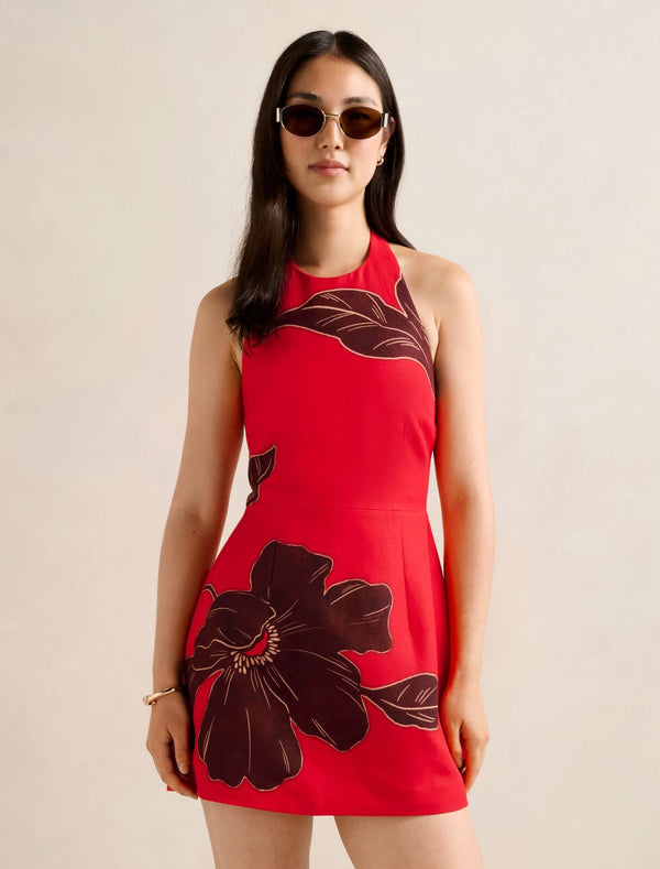 Corinna Printed Linen Halter Mini Dress Red Dryden Forever New