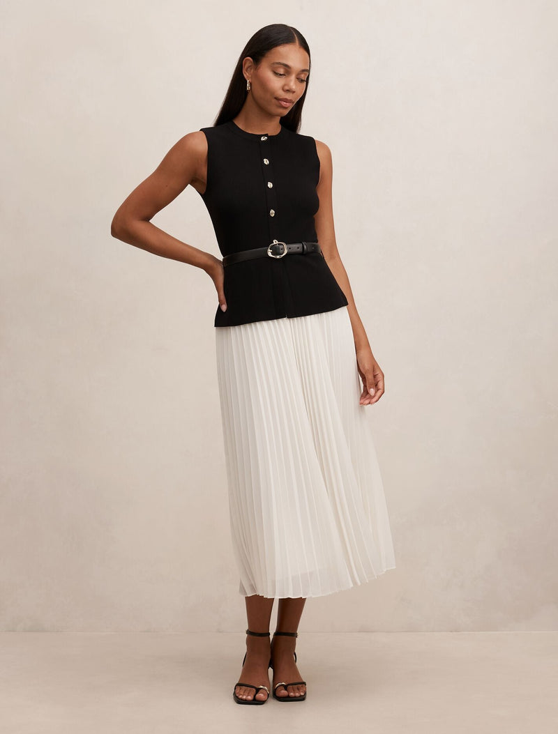 knit top woven skirt dress Sleeveless Knit Top & Poplin Woven Skirt Midi Dress w/ Side Pockets