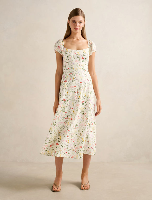 Sadie Cap Sleeve Linen Midi Dress Soft Evie Floral Forever New