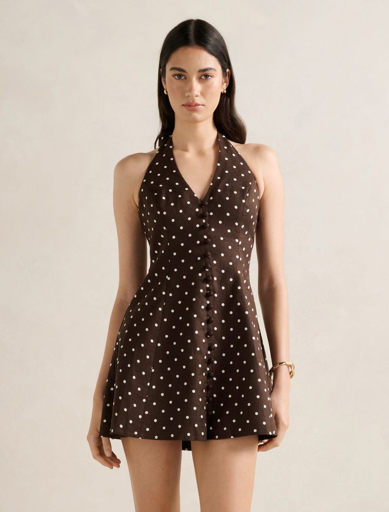 Ina Button Front Linen Mini Dress Choc Spot | Forever New Ina Button Front Linen Mini Dress Choc Spot | Forever New