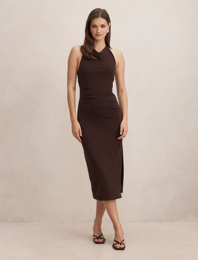 halter column midi dress Daphne Dark Chocolate Satin