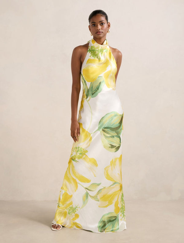 Clementine Petite Satin Maxi Dress Yellow Cora Forever New