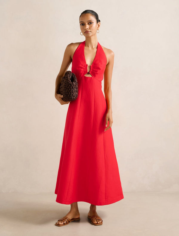 Angie Petite Hardware Linen Midi Dress Runway Red Forever New