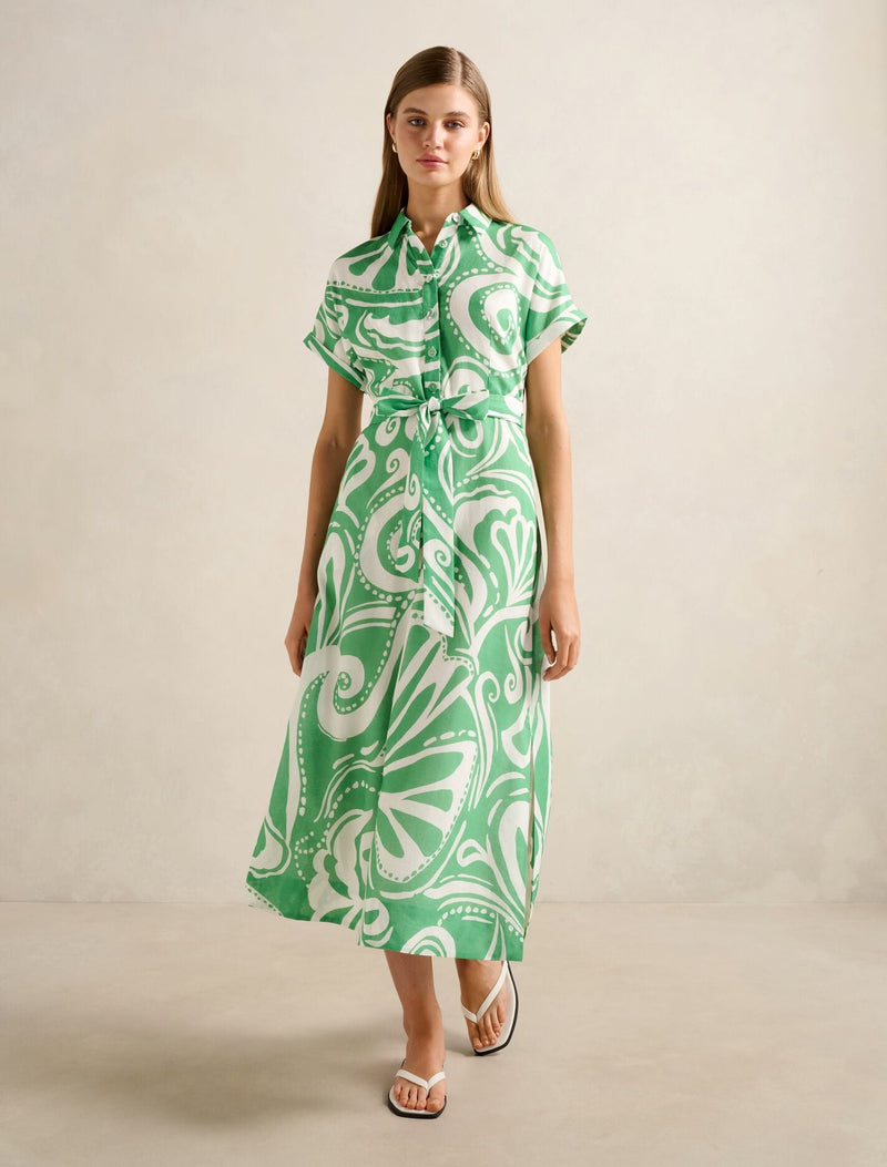 Hilary Belted Linen Midi Dress Green Collett Forever New