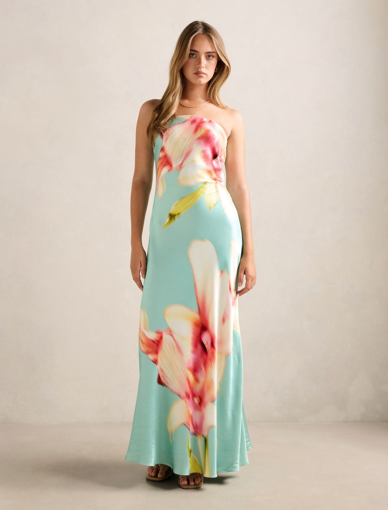 chinese dress ladies Estelle Satin Strapless Maxi Dress Floral