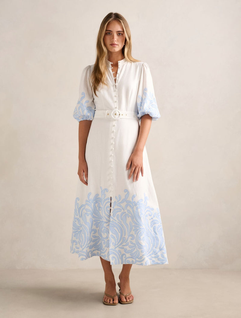 Esther Embroidered Midi Dress Blue Mael Embroidery | Forever New