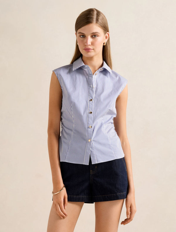 Nova Ruched Stripe Collared Top Blue Stripe Forever New
