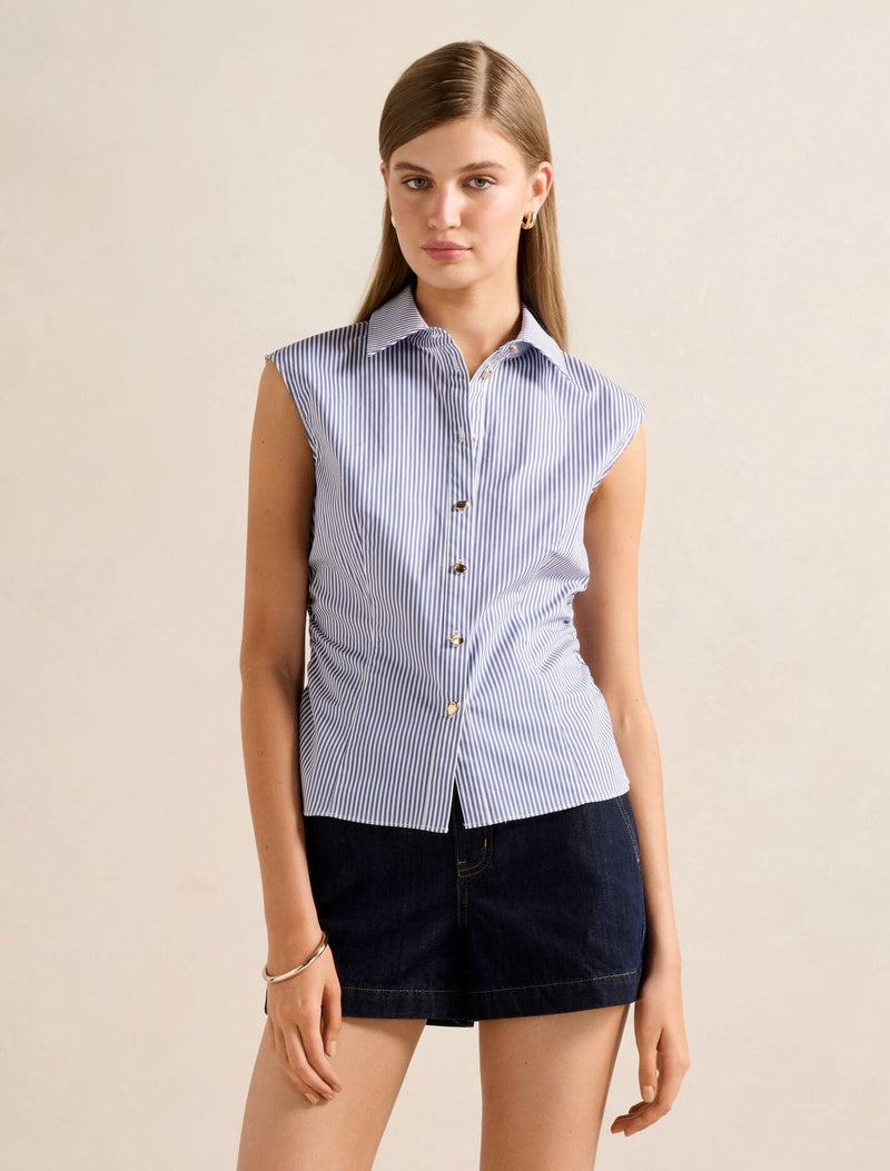 Nova Ruched Stripe Collared Top Blue Stripe Forever New