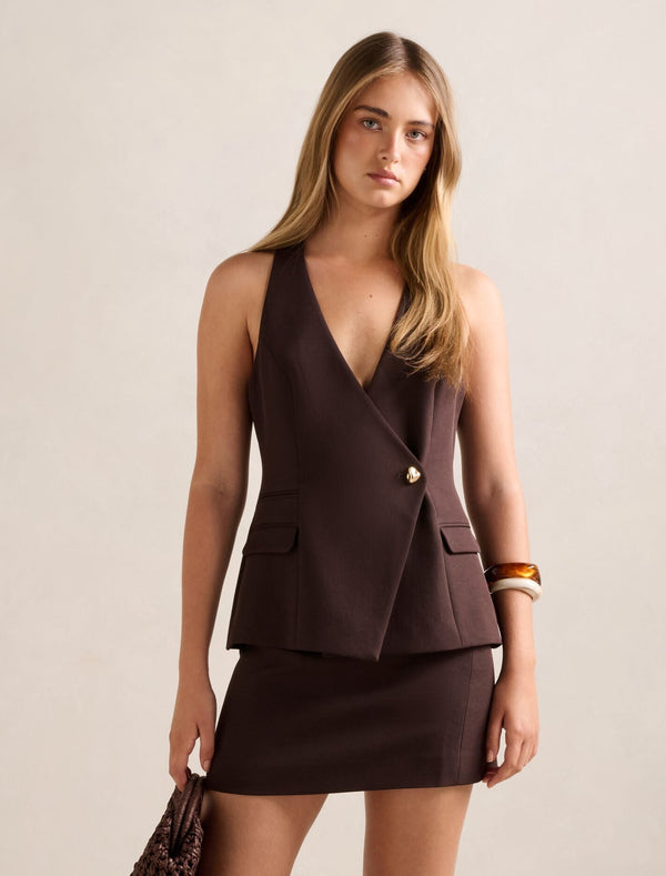 Carly Button Waistcoat Dark Chocolate Set Forever New