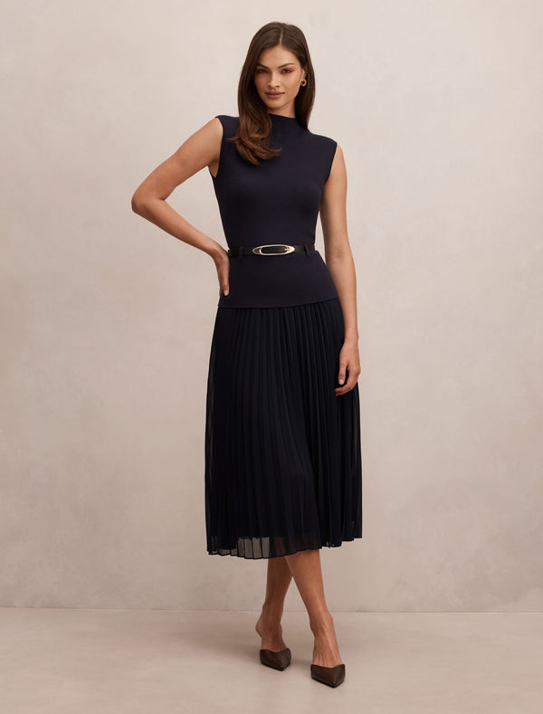 knee length dresses for ladies Lorelei Woven Mixed Midi Dress Navy