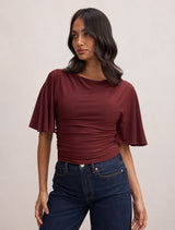 Paige Flutter Sleeve Tie Back Top Plum Fig Forever New