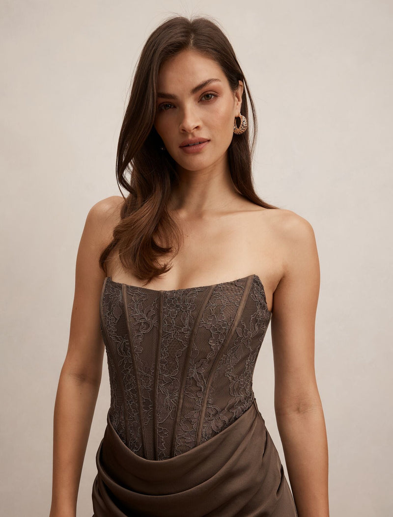 ivy draped maxi dress Ivy Lace Corset Drape Maxi Dress Rust