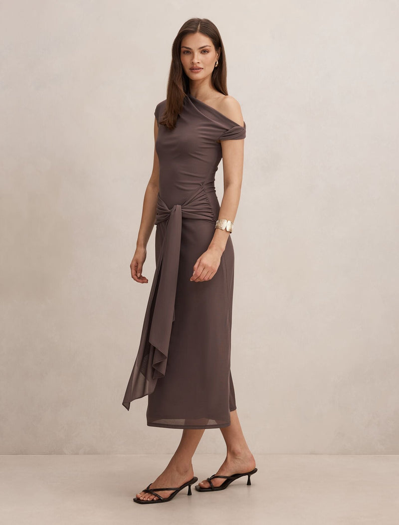 piper asym midi dress Piper Draped Tie Mesh Midi Dress Plum Truffle