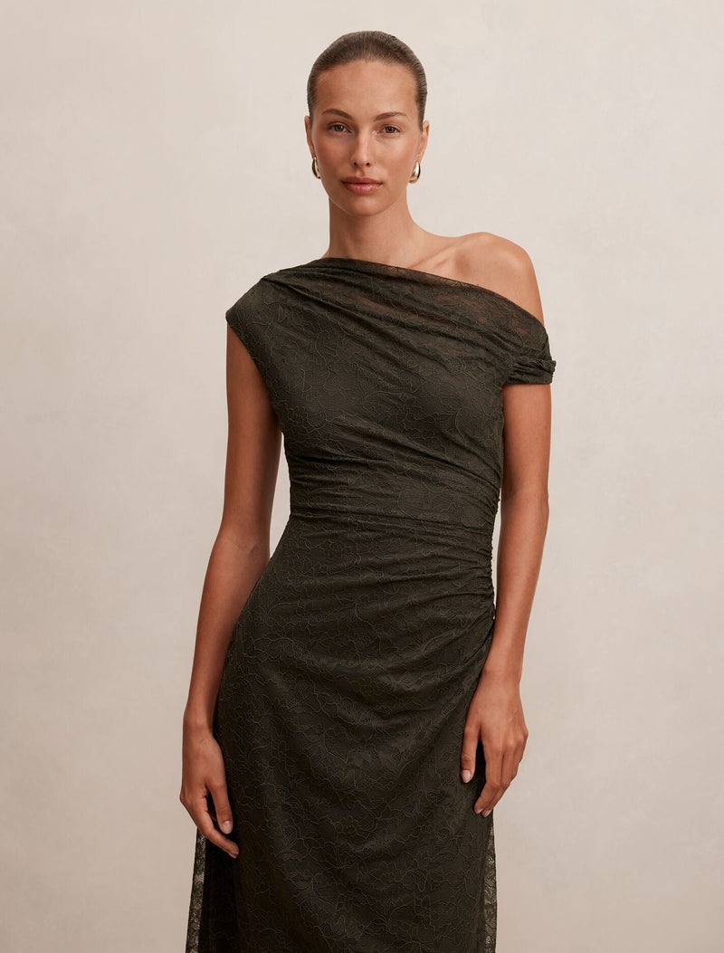 asym midi dress Paris Lace Asym Midi Dress Olive Night