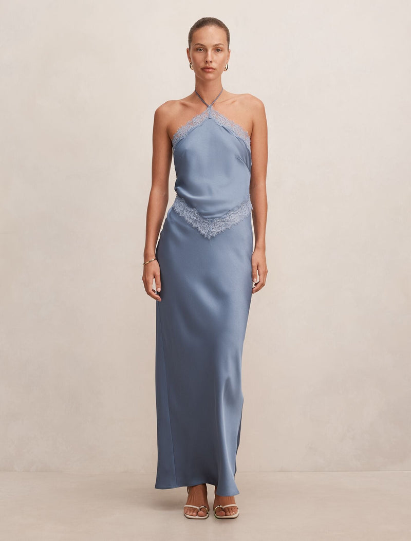 Kelli Lace Strappy Satin Maxi Dress Dove Blue