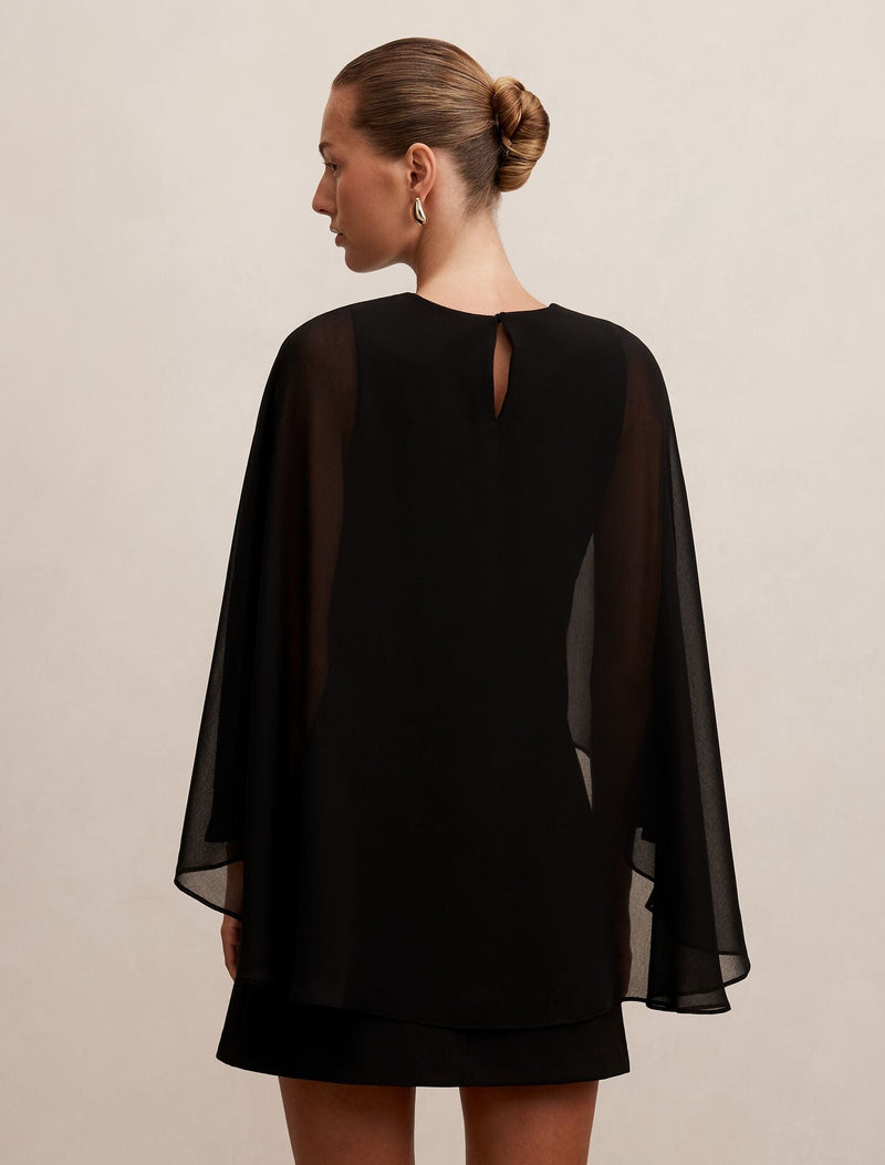black cape mini dress Irena Sheer Cape Mini Dress Black