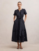 Matilda Embroidered Tie Midi Dress Navy Forever New