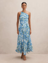 Connie Petite Ruched Asym Maxi Dress Blue Loft Floral Forever New