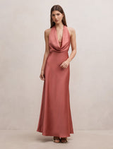 Becca Cowl Halter Satin Dress Rose Rust Forever New