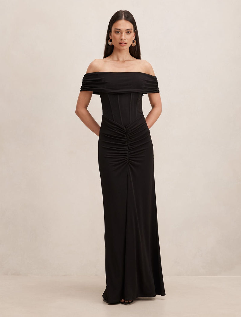 black ruched bardot dress Cilla | Black Bardot-Neck Maxi Dress With Ruched Detailing