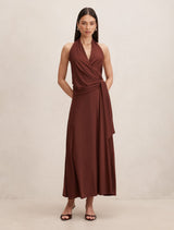 Aaliyah Wrap Halter Midi Dress Dark Chocolate Truffle Forever New
