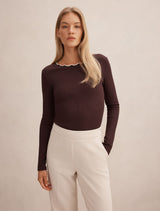 Rebecca Scallop Long Sleeve Top Chocolate Porcelain Forever New