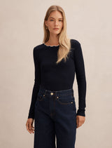 Rebecca Scallop Long Sleeve Top Navy Porcelain Forever New