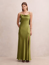 Allora Ruffle Back Satin Maxi Dress Pear Green Forever New