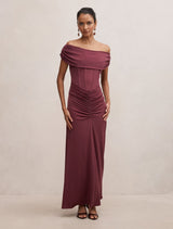 Ania Petite Ruched Bardot Maxi Dress Fig Forever New