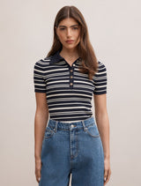 Sasha Striped Knit Polo T-Shirt Navy Stripe Forever New