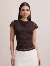 Hyacinth Lace Flutter Sleeve Top Chocolate Forever New