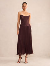 August Pleated Corset Midi Dress Dark Chocolate Forever New
