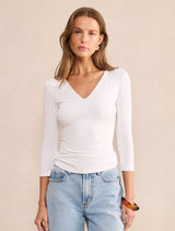 Josie V Neck 3/4 Sleeve Top Porcelain Forever New