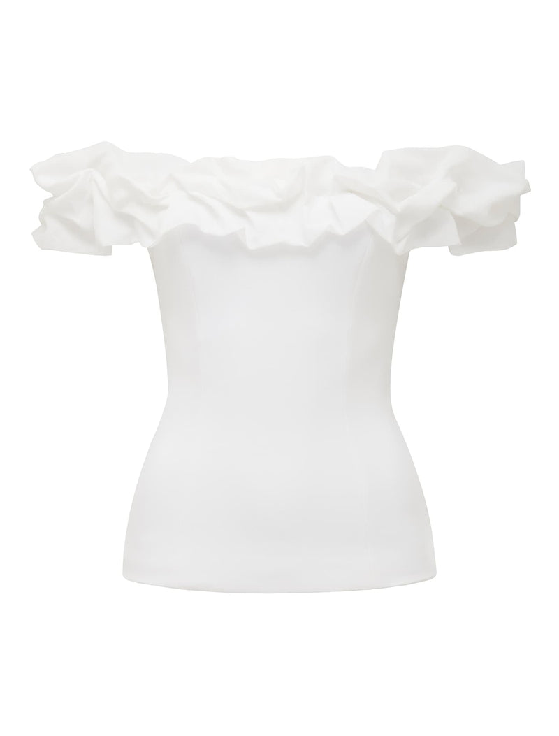 Stephanie Ruffle Crepe Bustier Top Porcelain | Forever New