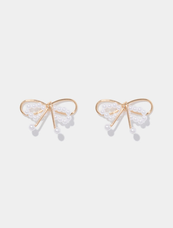 Sage Bow & Metal Earrings 0 Gold Pearl Forever New