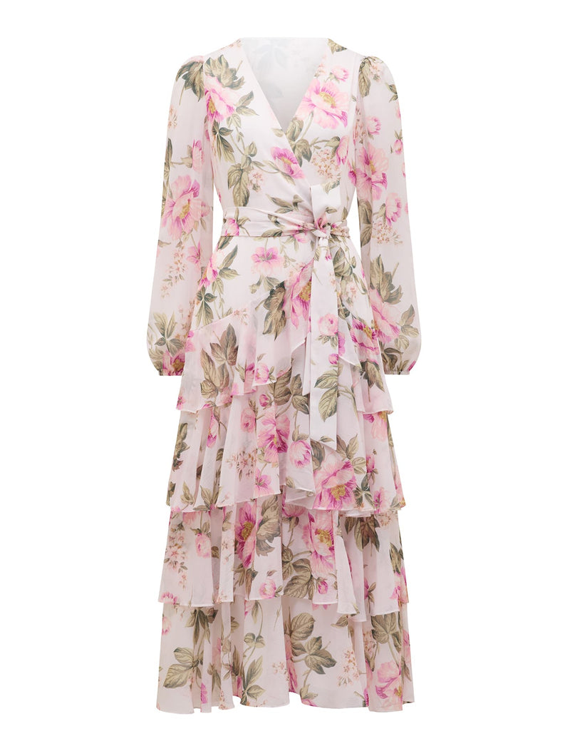Nicky Long Sleeve Tiered Midi Dress Pink Floral | Forever New Nicky Long Sleeve Tiered Midi Dress Pink Floral | Forever New